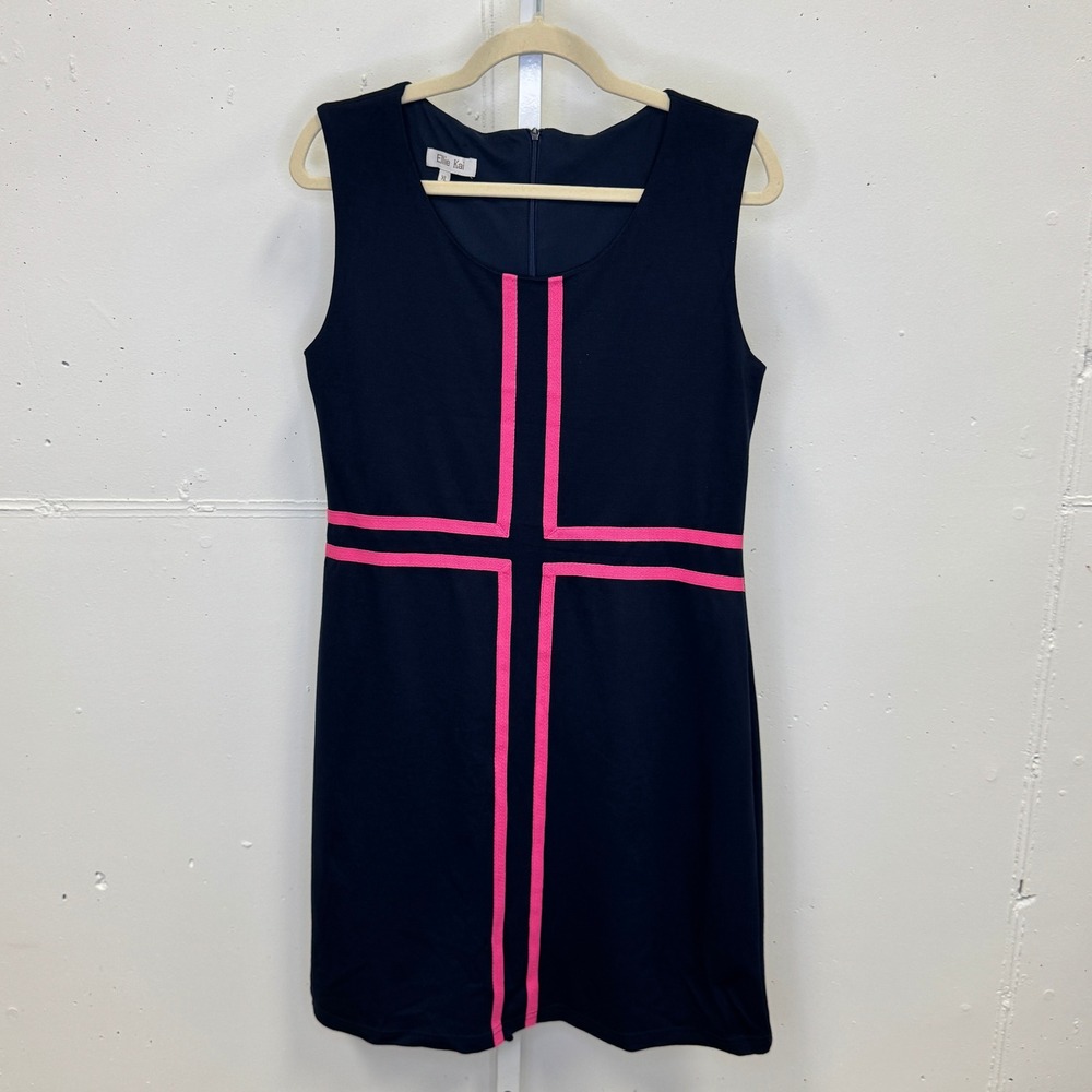 Ellie Kai‎ Sleeveless Shift Dress XL Navy Blue Pink Ribbon Trim Preppy Nautical